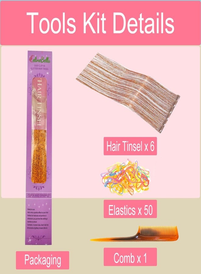 CelineBella Hair Tinsel Clip in,Laser Orange,Copper Gold, 24 Inch Pack of 6Pcs,80 Strands Each,Unique Shimmer for Hair Styling​ for New Year Party Cosplay Festival Daily Use for Women - Image 2